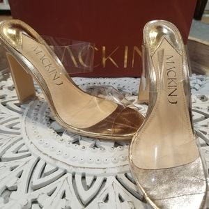 Mackin J, clear heel, Size 9 goldish w/clear straps